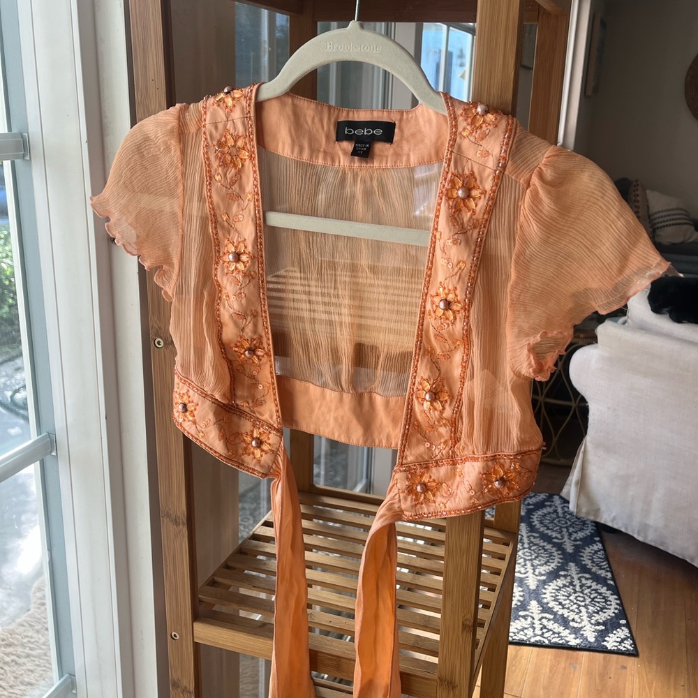 Bebe Vintage Embroidered Sheer Tie Top